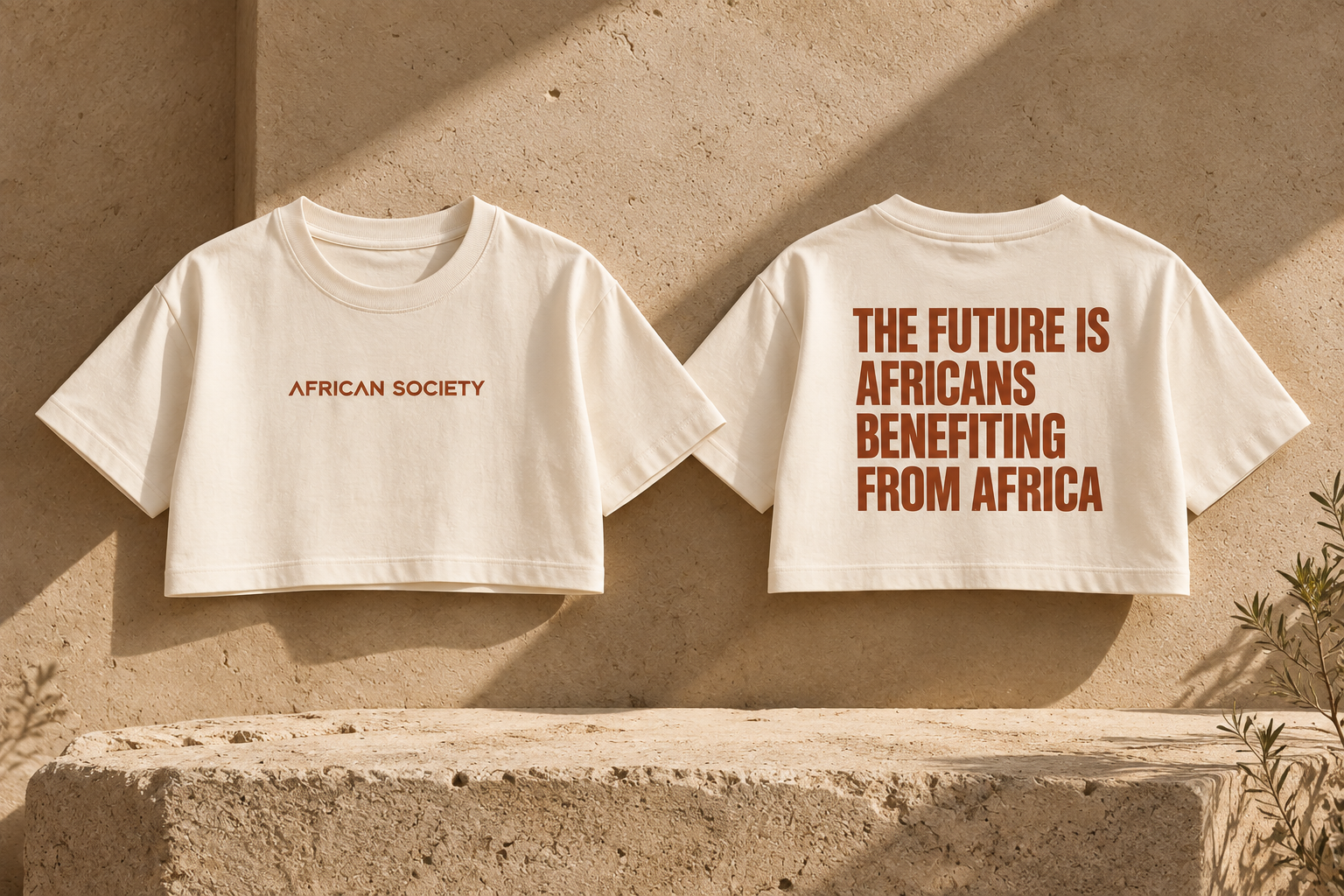 The Society Crop tees, front and back, on a stone ledge